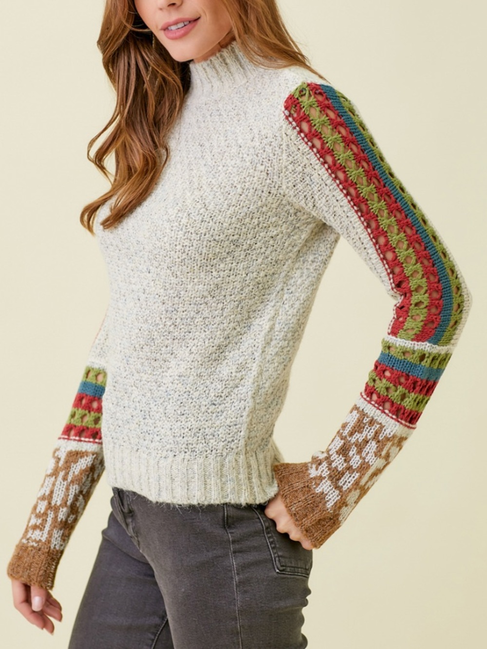 MYSTREE Cozy Cream Knit Sweater with Multicolor Patterned Sleeve - Large